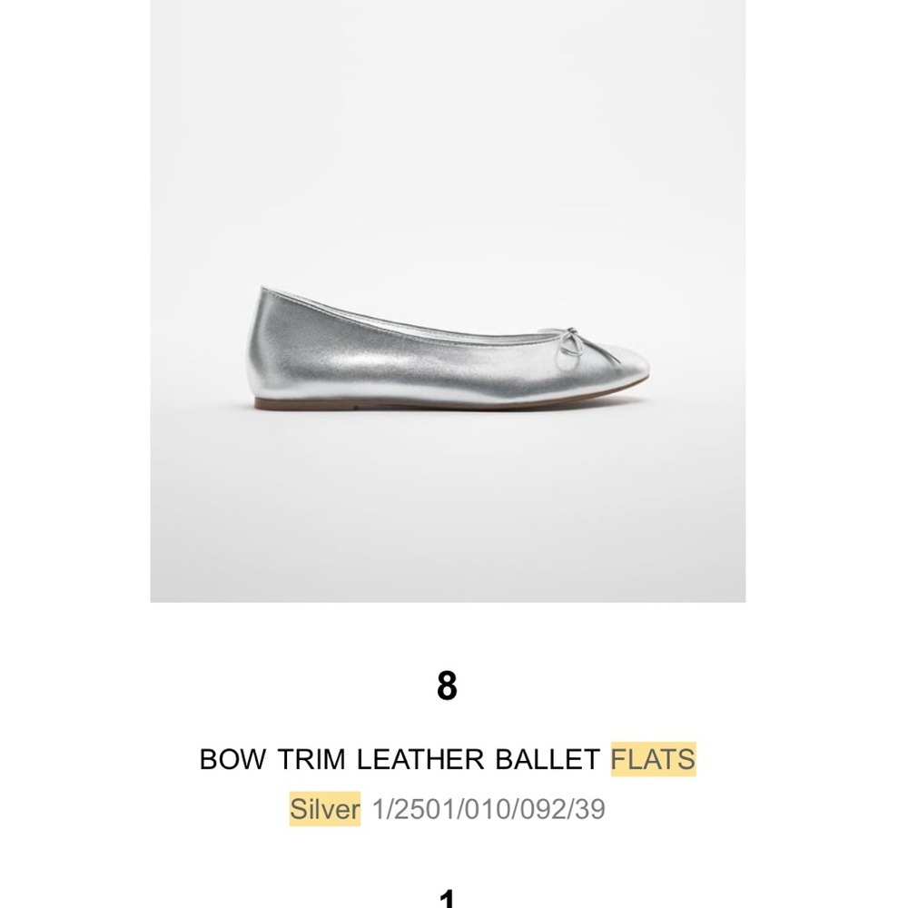 Zara Bow Trim Silver Leather Ballet Flat